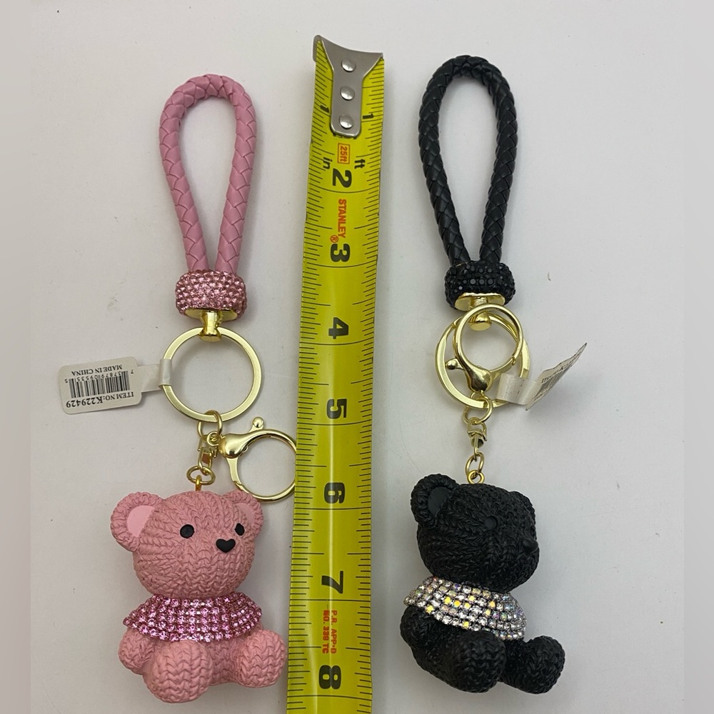 Rhinestone Teddy Bear Keychain Set Pink & Black | Bling Bag Charm Duo - Picture 5 of 7